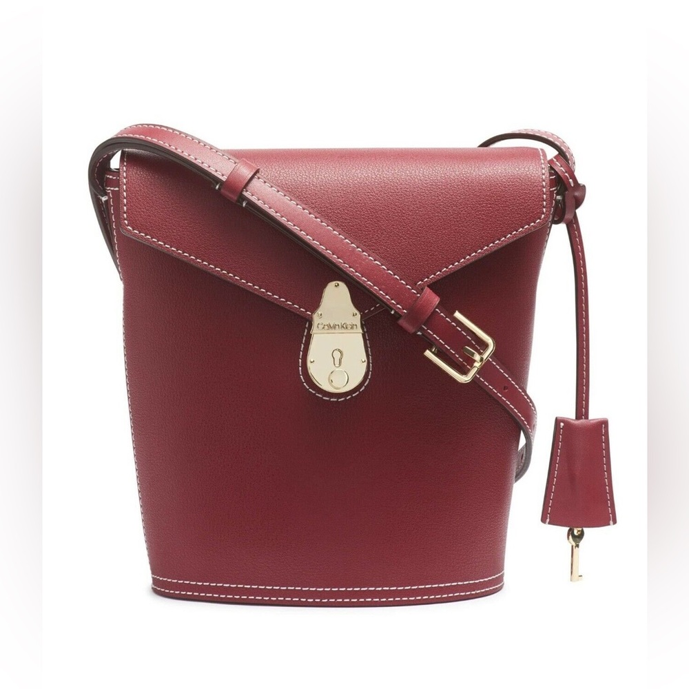 Calvin Klein Statement Series Lock Flap Daytonna Leather Bucket Crossbody Bag, C